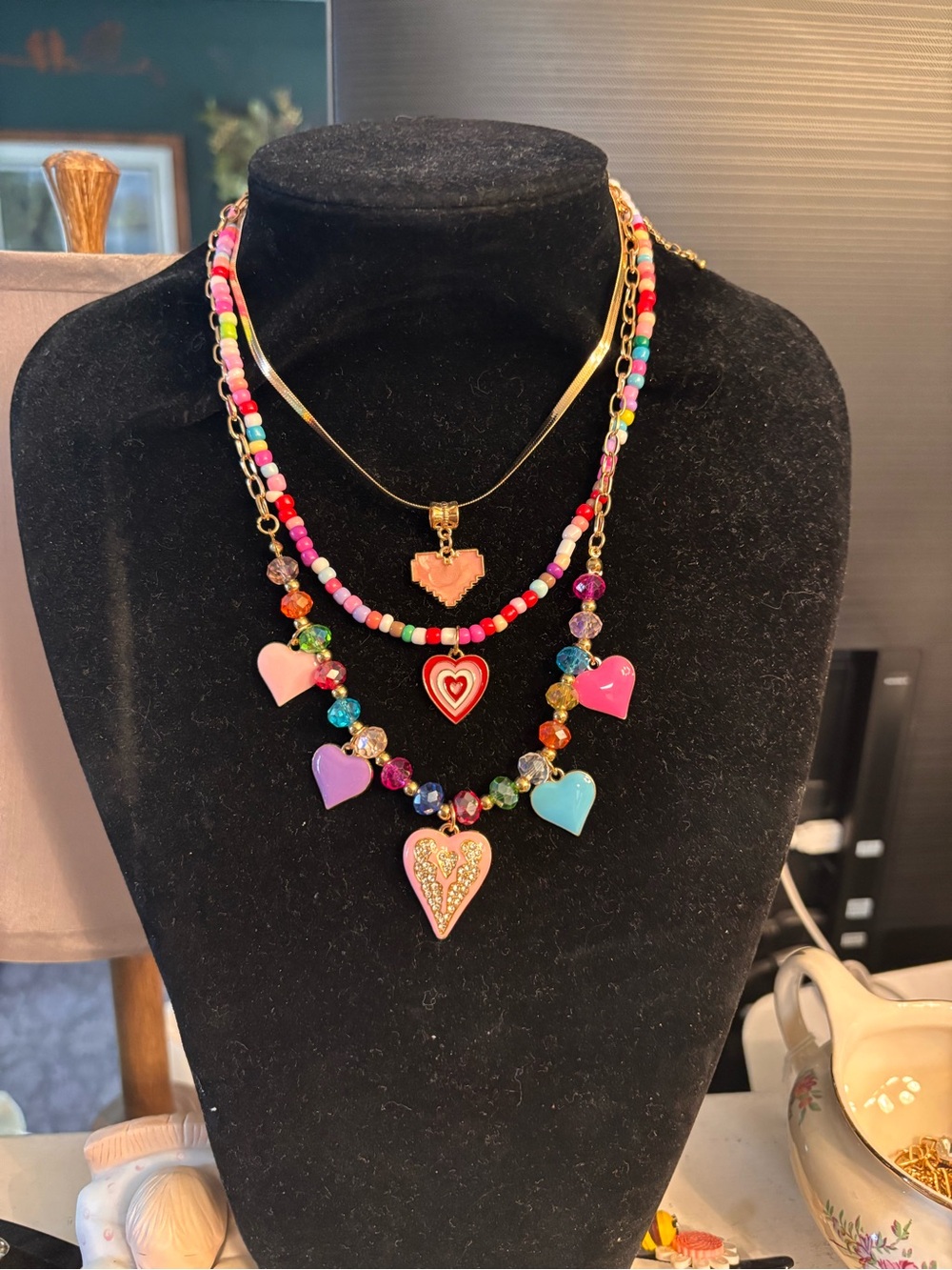 New Colorful set of 3 Heart Pendant Necklaces see pics! Bling bottom heart FUN